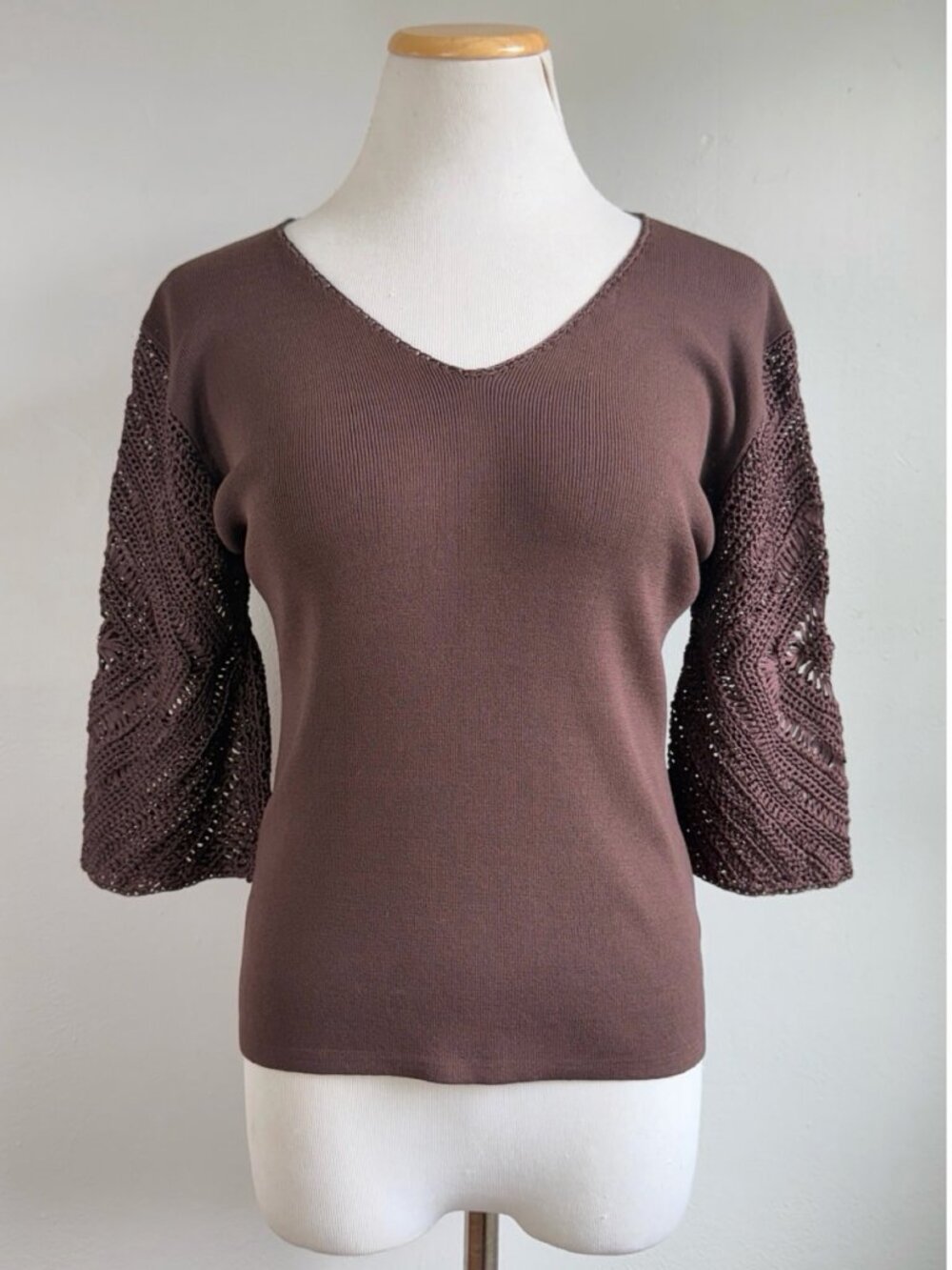 Vintage Crochet Sleeves Knit Top Size Small 90s Joseph A Brown V-Neck Cropped